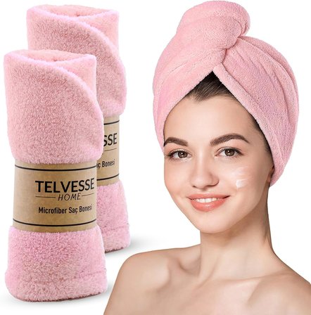 Mikrofiber Saç Havlusu Süper Emici Hızlı Kuruyan Türban Saç Havlusu Şapkası – Uzun Kıvırcık Kalın Saçlar İçin Duş Saç Kurutma Havlusu, Plaj Havuz Banyo Kullanım (2li Pembe)