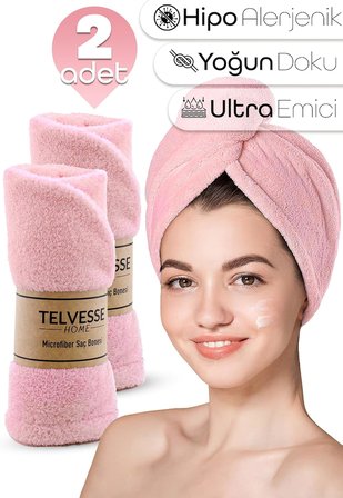 Mikrofiber Saç Havlusu Süper Emici Hızlı Kuruyan Türban Saç Havlusu Şapkası – Uzun Kıvırcık Kalın Saçlar İçin Duş Saç Kurutma Havlusu, Plaj Havuz Banyo Kullanım (2li Pembe)