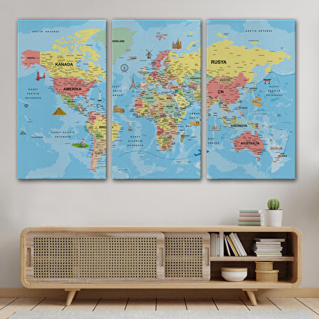 Harita Sepeti Türkçe Dünya Haritası Kanvas Tablo Son Derece Detaylı ve Dekoratif-2018