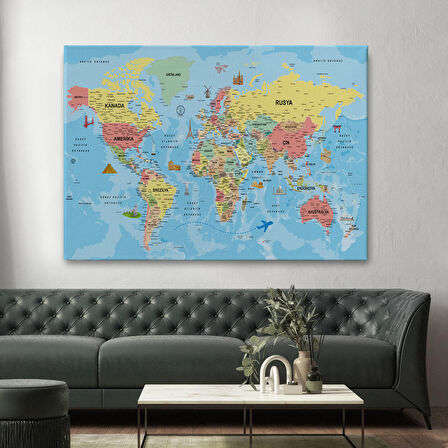 Harita Sepeti Türkçe Dünya Haritası Kanvas Tablo Son Derece Detaylı ve Dekoratif-2018