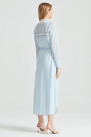 Kadın Sırtı Yazı Detaylı Kroşe Maxi Tunik - Mavi | 1