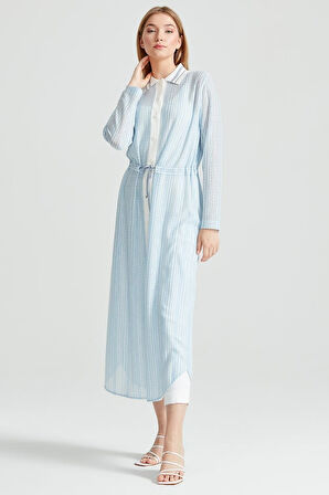 Kadın Sırtı Yazı Detaylı Kroşe Maxi Tunik - Mavi | 1