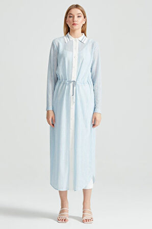 Kadın Sırtı Yazı Detaylı Kroşe Maxi Tunik - Mavi | 1
