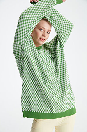 Kadın Pötikareli Rayon Tunik - Benetton Yeşili | 2