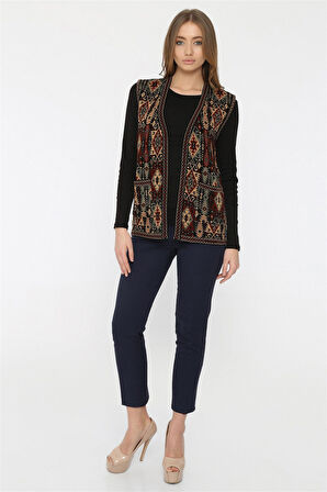 Kadın Çok Renkli Etnik Desenli Cepli Kilim Yelek