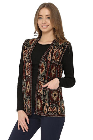 Kadın Çok Renkli Etnik Desenli Cepli Kilim Yelek