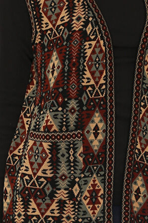 Kadın Çok Renkli Etnik Desenli Cepli Kilim Yelek