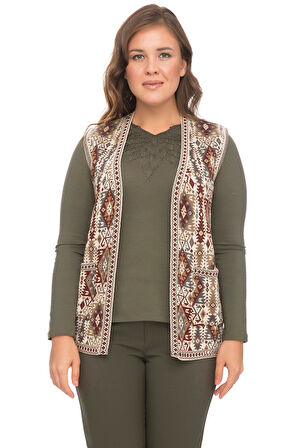 Kadın Taş Etnik Desenli Cepli Kilim Yelek