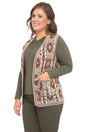 Kadın Taş Etnik Desenli Cepli Kilim Yelek