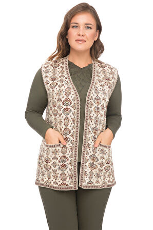 Kadın Taş Çiçek Desenli Cepli Kilim Yelek