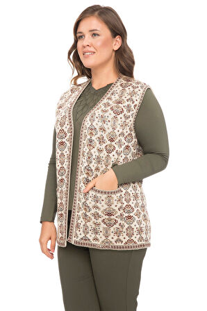 Kadın Taş Çiçek Desenli Cepli Kilim Yelek