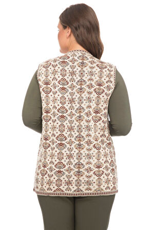 Kadın Taş Çiçek Desenli Cepli Kilim Yelek