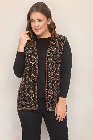 Kadın Çok Renkli Çiçek Desenli Cepli Kilim Yelek