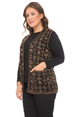 Kadın Çok Renkli Çiçek Desenli Cepli Kilim Yelek
