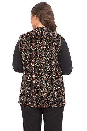 Kadın Çok Renkli Çiçek Desenli Cepli Kilim Yelek