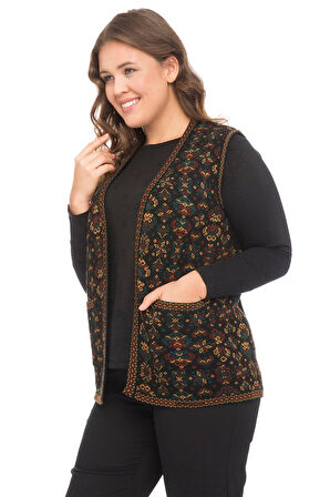 Kadın Petrol Renk Çiçek Desenli Cepli Kilim Yelek