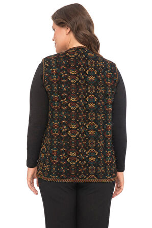 Kadın Petrol Renk Çiçek Desenli Cepli Kilim Yelek