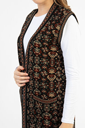 Kadın Çok Renkli Çiçek Desenli Cepli Uzun Kilim Yelek