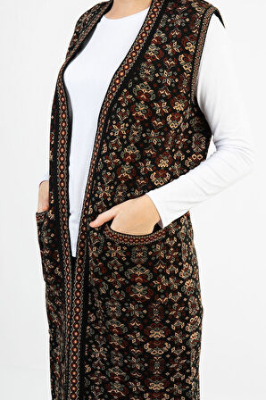 Kadın Çok Renkli Çiçek Desenli Cepli Uzun Kilim Yelek
