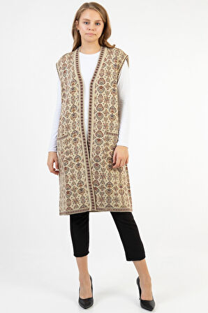 Kadın Taş Çiçek Desenli Cepli Uzun Kilim Yelek