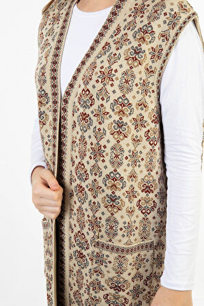 Kadın Taş Çiçek Desenli Cepli Uzun Kilim Yelek