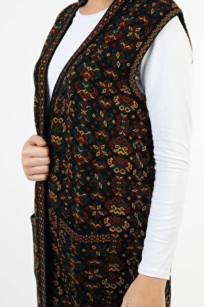 Kadın Petrol Renk Çiçek Desenli Cepli Uzun Kilim Yelek