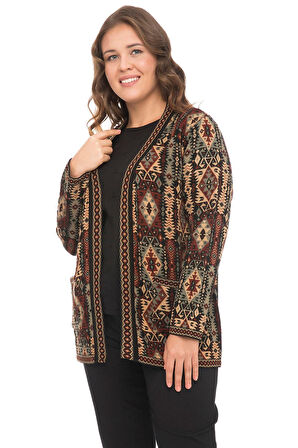Kadın Çok Renkli Etnik Desenli Cepli Kilim Hırka