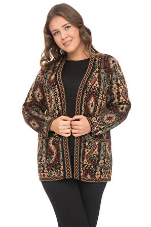 Kadın Çok Renkli Etnik Desenli Cepli Kilim Hırka