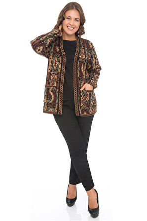 Kadın Çok Renkli Etnik Desenli Cepli Kilim Hırka