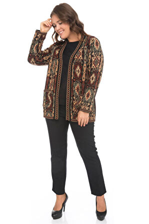 Kadın Çok Renkli Etnik Desenli Cepli Kilim Hırka