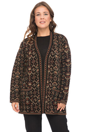 Kadın Çok Renkli Çiçek Desenli Cepli Kilim Hırka