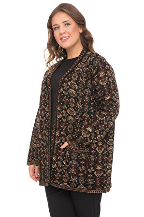 Kadın Çok Renkli Çiçek Desenli Cepli Kilim Hırka