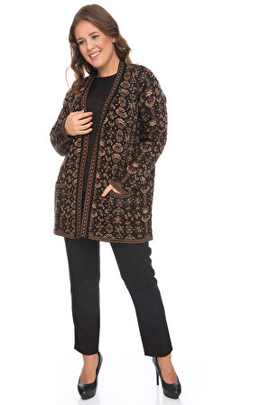 Kadın Çok Renkli Çiçek Desenli Cepli Kilim Hırka