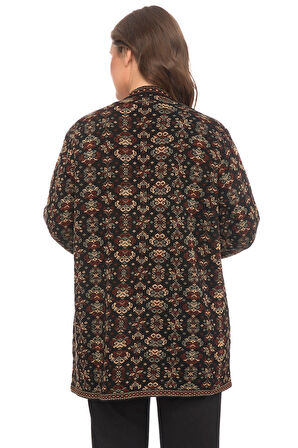 Kadın Çok Renkli Çiçek Desenli Cepli Kilim Hırka
