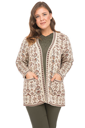 Kadın Taş Çiçek Desenli Cepli Kilim Hırka
