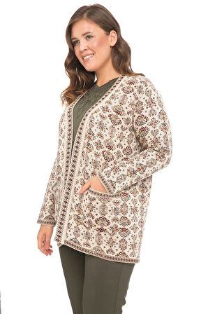 Kadın Taş Çiçek Desenli Cepli Kilim Hırka