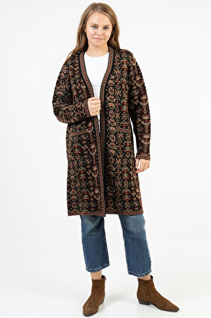 Kadın Çok Renkli Çiçek Desenli Uzun Cepli Kilim Hırka