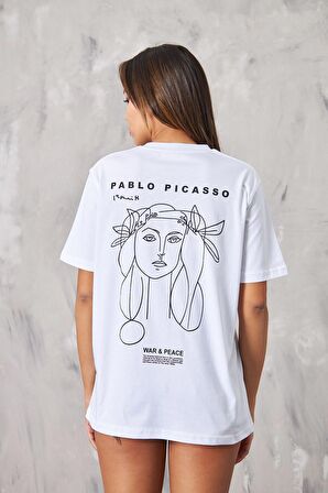 The Champ War Peace Pablo Picasso Yazılı Yüz Tasarım Baskılı Oversize Beyaz Kadın T-Shirt 