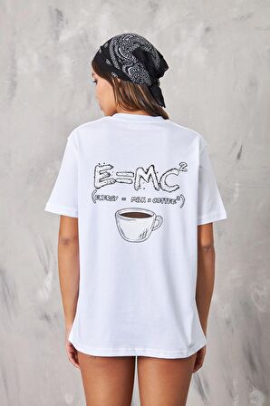 The Champ E=mc2 Coffee Milk Energy Kahve Tasarım Baskılı Oversize Beyaz Kadın T-shirt