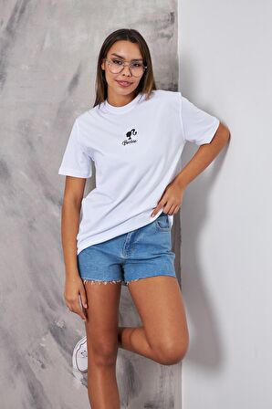 The Champ Barbie Tasarım Baskılı Oversize Beyaz Kadın T-Shirt
