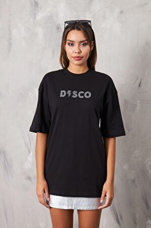 The Champ Disco Yazılı Taş İşlemeli Tasarım Oversize Siyah Kadın T-Shirt