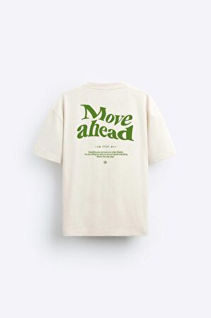 The Champ Bisiklet Yaka Move Ahead Yazılı Kordinat Baskılı Oversize Bej Erkek T-shirt