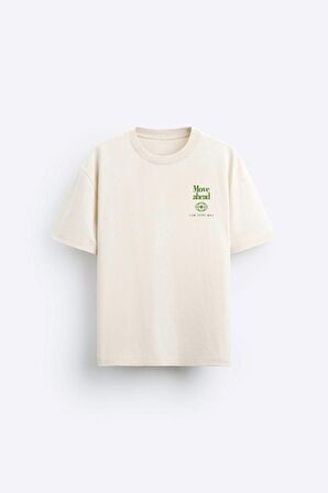 The Champ Bisiklet Yaka Move Ahead Yazılı Kordinat Baskılı Oversize Bej Erkek T-shirt