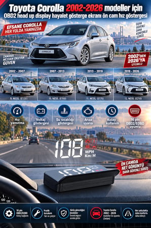 Toyota Corolla 2002-2026 modeller için OBD2 head up display hayalet gösterge ekranı ön cam hız göstergesi