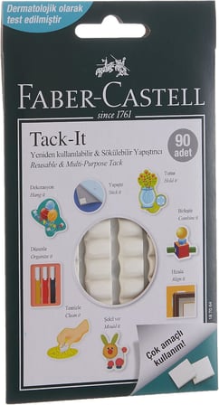 Faber-Castell Tack-it Beyaz, 50 gr, 90 Parça, Yeniden Kullanılabilir Hamur Yapıştırıcı, Sökülebilir ve İz Bırakmaz