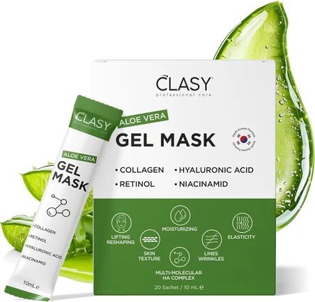 Clasy Care Aloe Vera Jel Maske - Kolajen ve Retinol ile Nemlendirici Yüz Maskesi - Güneş Yanığına Karşı Ferahlatıcı Bakım - Seyahat Boyu