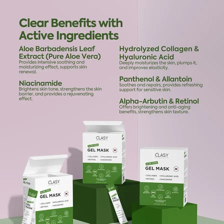 Clasy Care Aloe Vera Jel Maske - Kolajen ve Retinol ile Nemlendirici Yüz Maskesi - Güneş Yanığına Karşı Ferahlatıcı Bakım - Seyahat Boyu