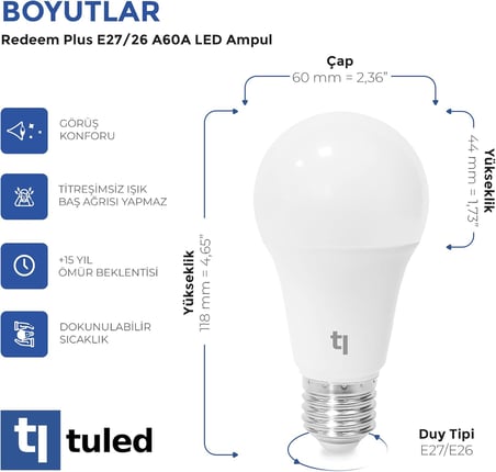 Redeem Plus A60A E27 LED Ampul, Titreşimsiz, Göz Konforu, 863 Lümen, Beyazı, 5000 Kelvin