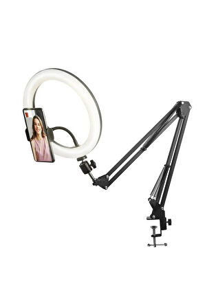 Telefon Tutuculu Masa Üstü Ring Light Işıklı Yaylı Ayarlanabilir Tripod – Canlı Yayın, Makyaj ve Video Çekimi İçin