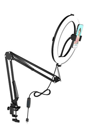 Telefon Tutuculu Masa Üstü Ring Light Işıklı Yaylı Ayarlanabilir Tripod – Canlı Yayın, Makyaj ve Video Çekimi İçin